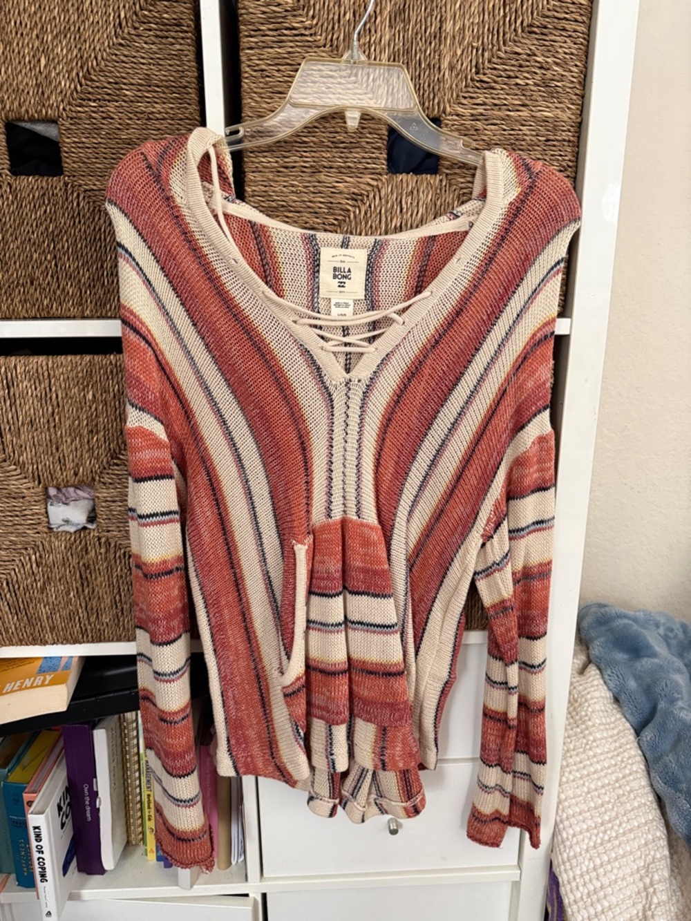 Billabong Rust and Cream Striped Lace-Up Hoodie
